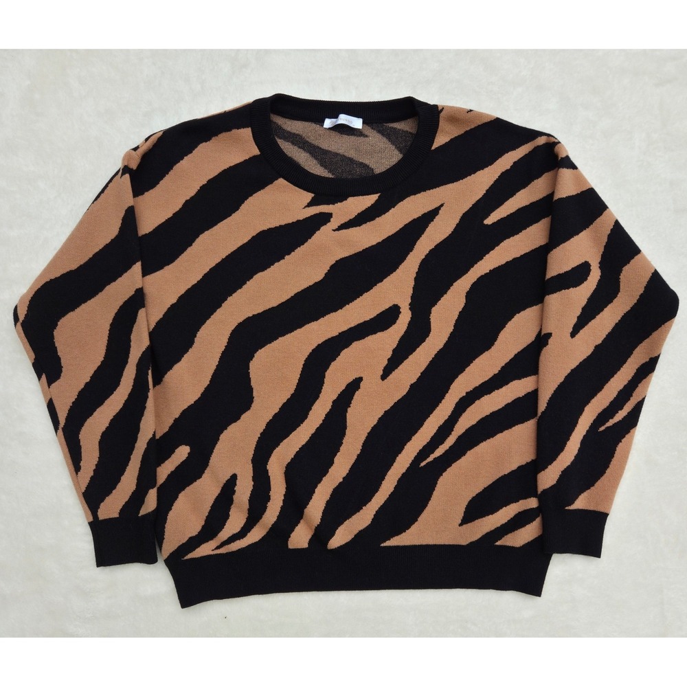 KIRUNDO Womens Zebra Print Sweater M Brown Black Viscose Blend Knit Top
